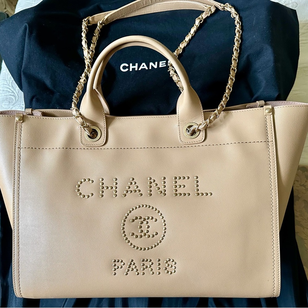 Chanel Deauville Caviar Studded Leather Shopping Tote Size Large 30cm